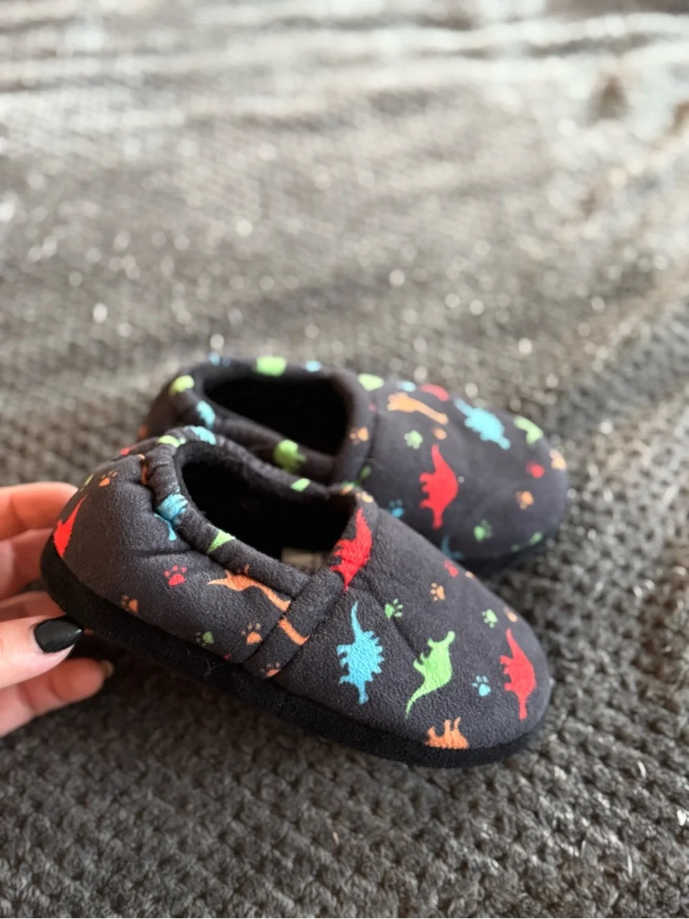Kids Black Dino Print Slip-On Shoes